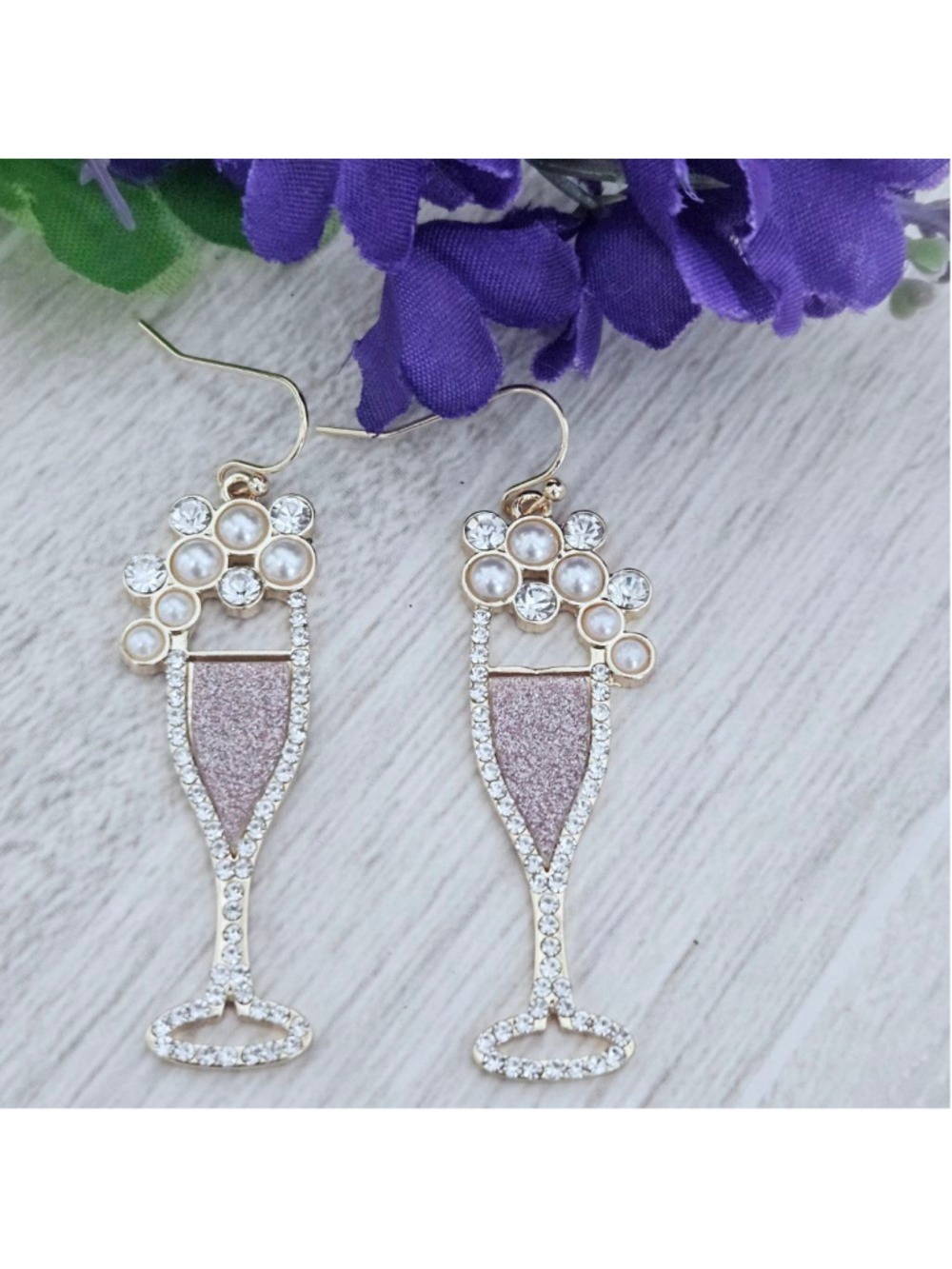 Champagne Glass Rose Gold Glitter Crystal Pearl Dangle Earrings